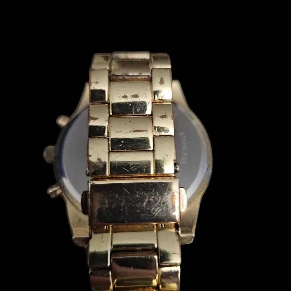 Gold Tone Black Dial Chronograph Style Quartz Wristwatch Bracelet